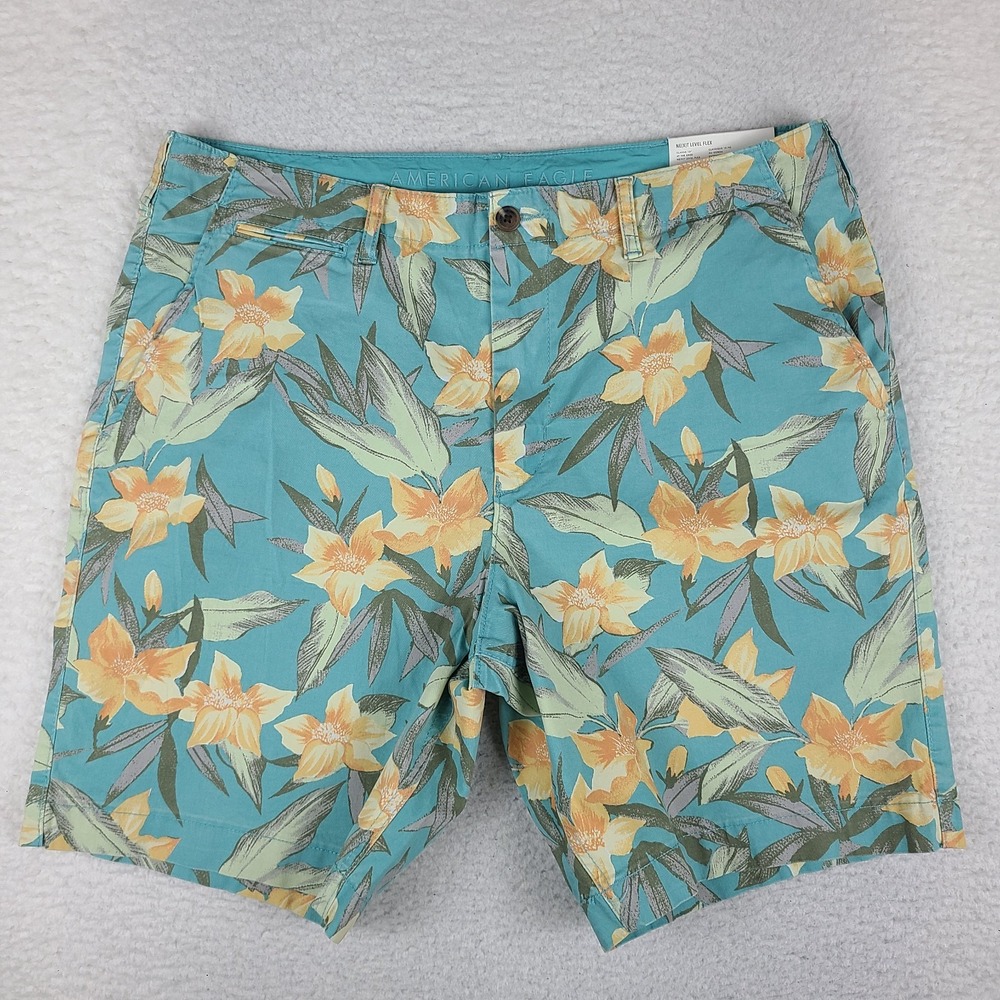 American Eagle Shorts Mens 38 Blue Teal 9" Floral Chino Next Level Flex Classic